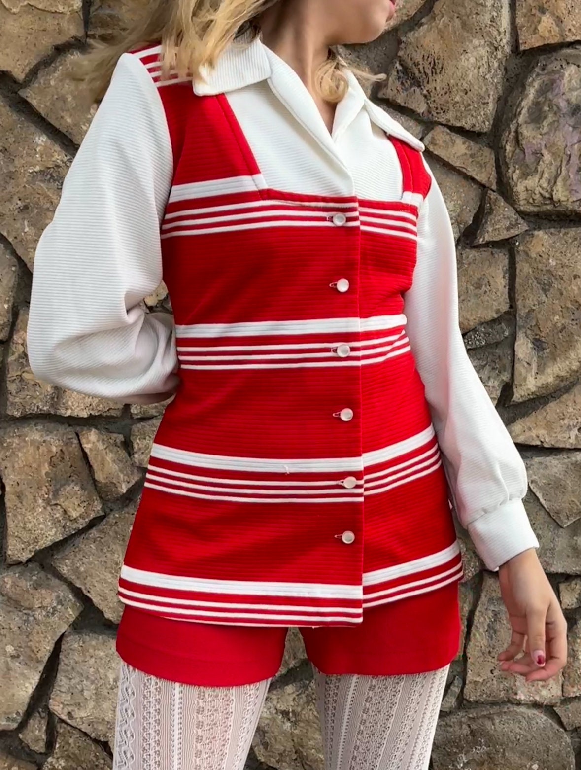 1970s Red and White Big Collar Striped Polyester Top