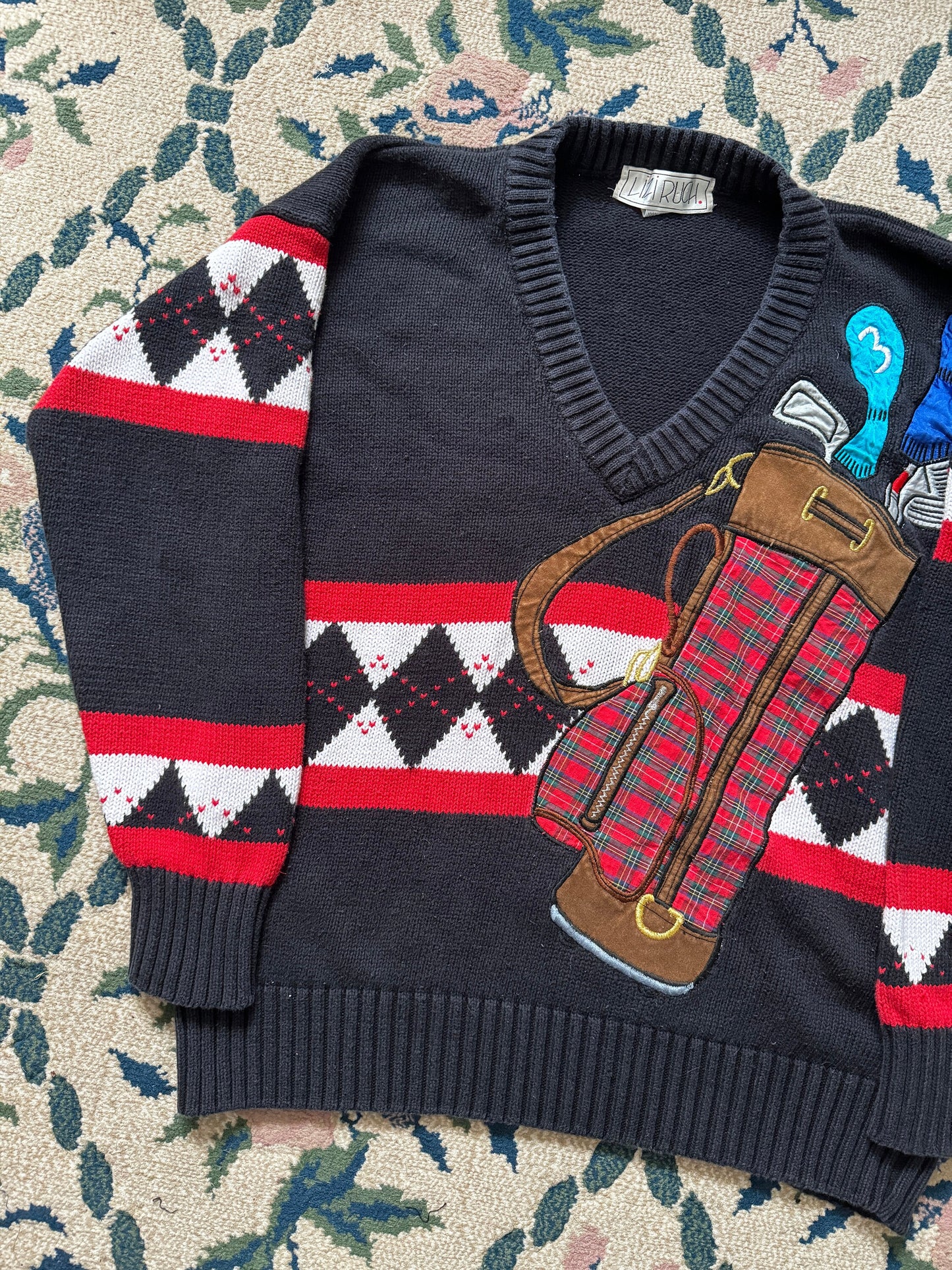 1990s Lizi Ruch Golf Caddy Argyle V-Neck Novelty Sweater