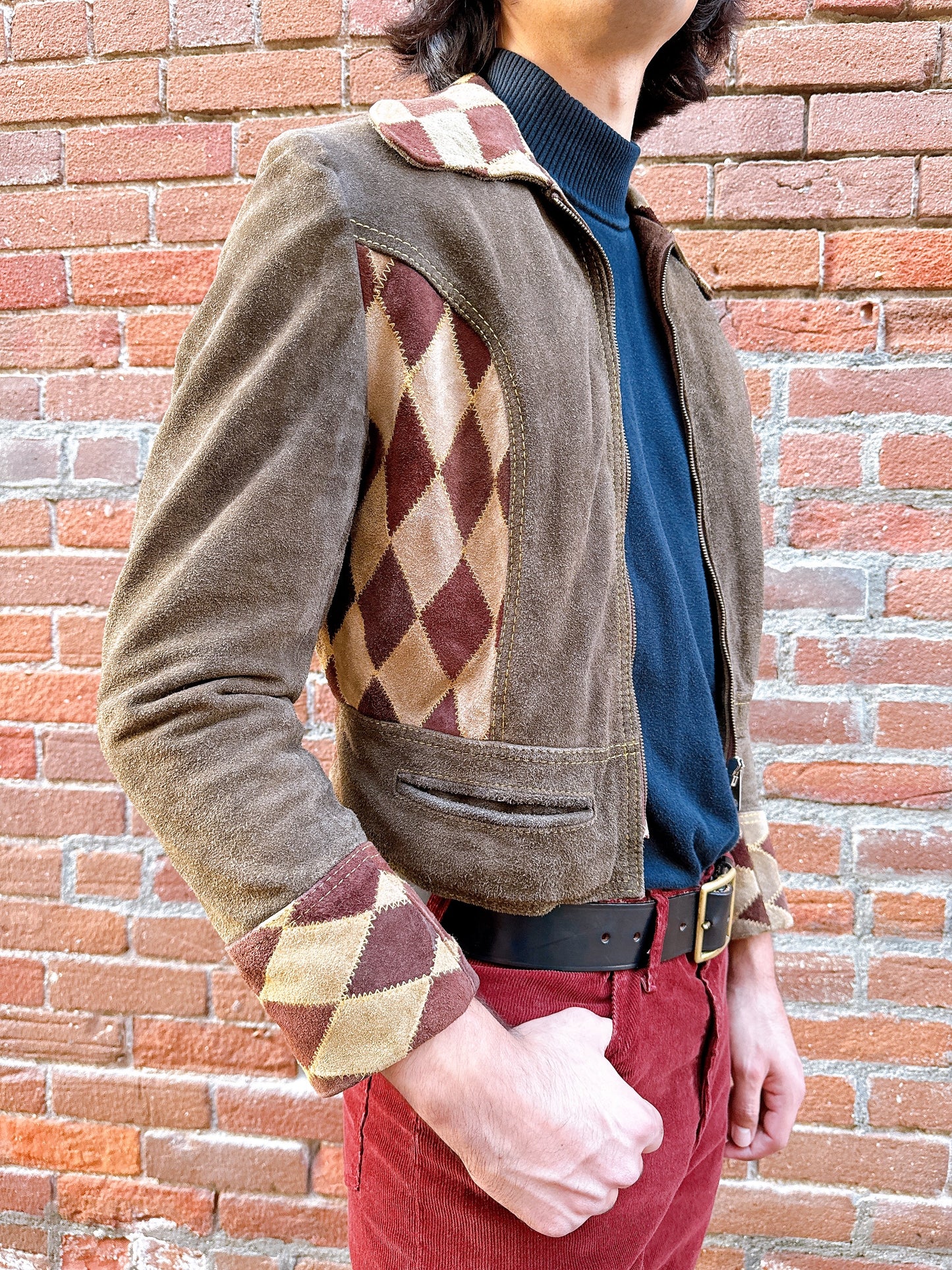 1960s RARE Brown Harlequin Diamonds Cropped Suede Jacket