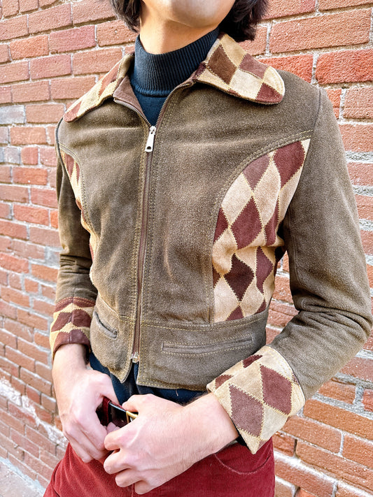 1960s RARE Brown Harlequin Diamonds Cropped Suede Jacket