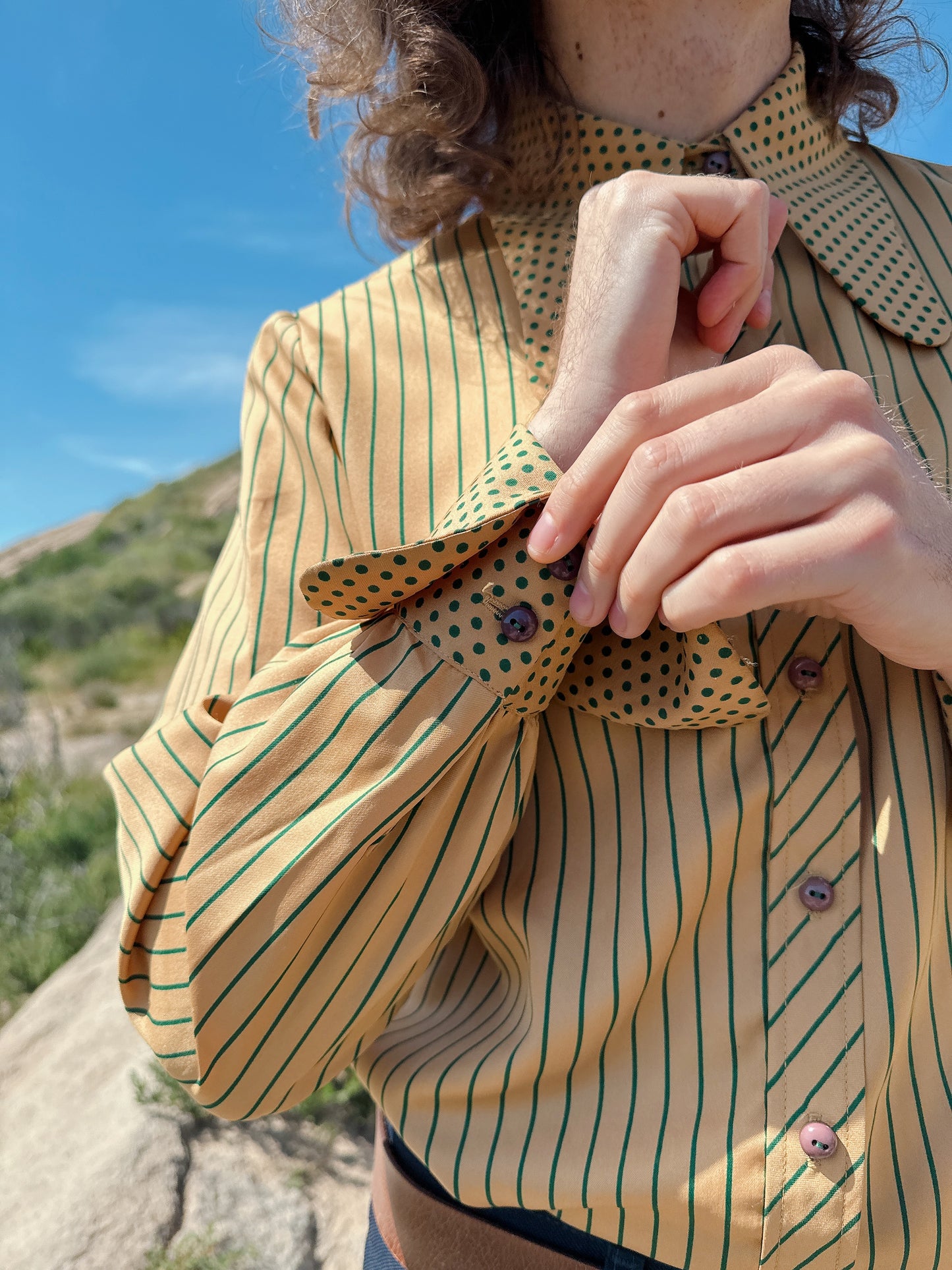 1970s Stripe and Polka Dot Beagle Collar Button Up Top