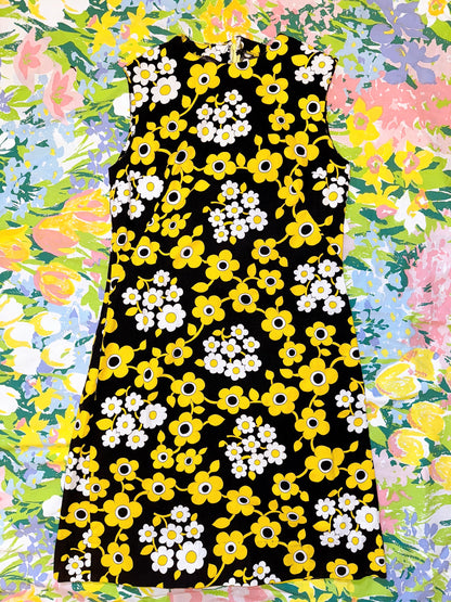 1960s Black & Yellow Flower Power Shift Dress