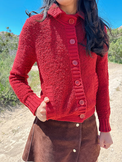 1960s Cranberry Boucle Knit Cardigan