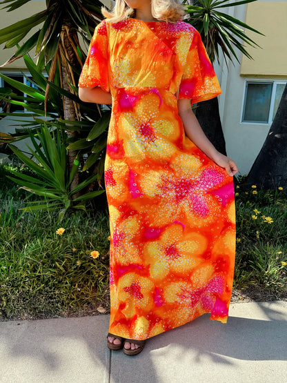 1970s Neon Orange Flutter Sleeve Maxi Hawaiian Dress