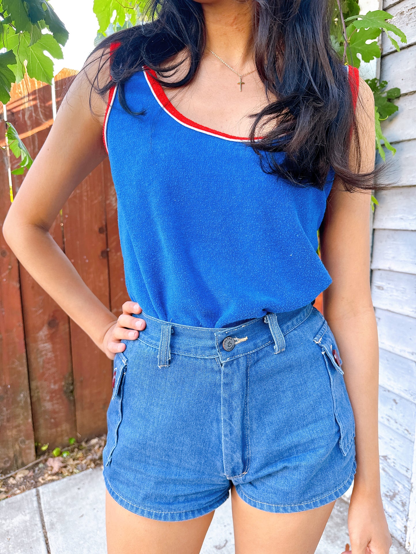 1970s Blue & Red Ringer Terry Cloth Tank Top