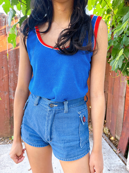 1970s Blue & Red Ringer Terry Cloth Tank Top