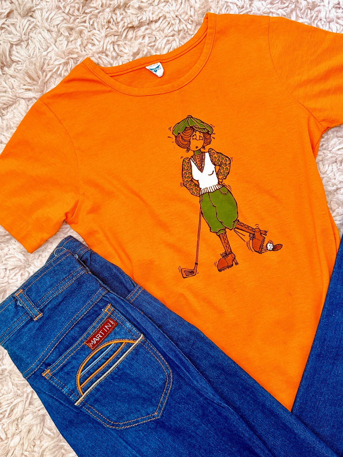 1970s Novelty Golf Lady Orange Graphic T-Shirt