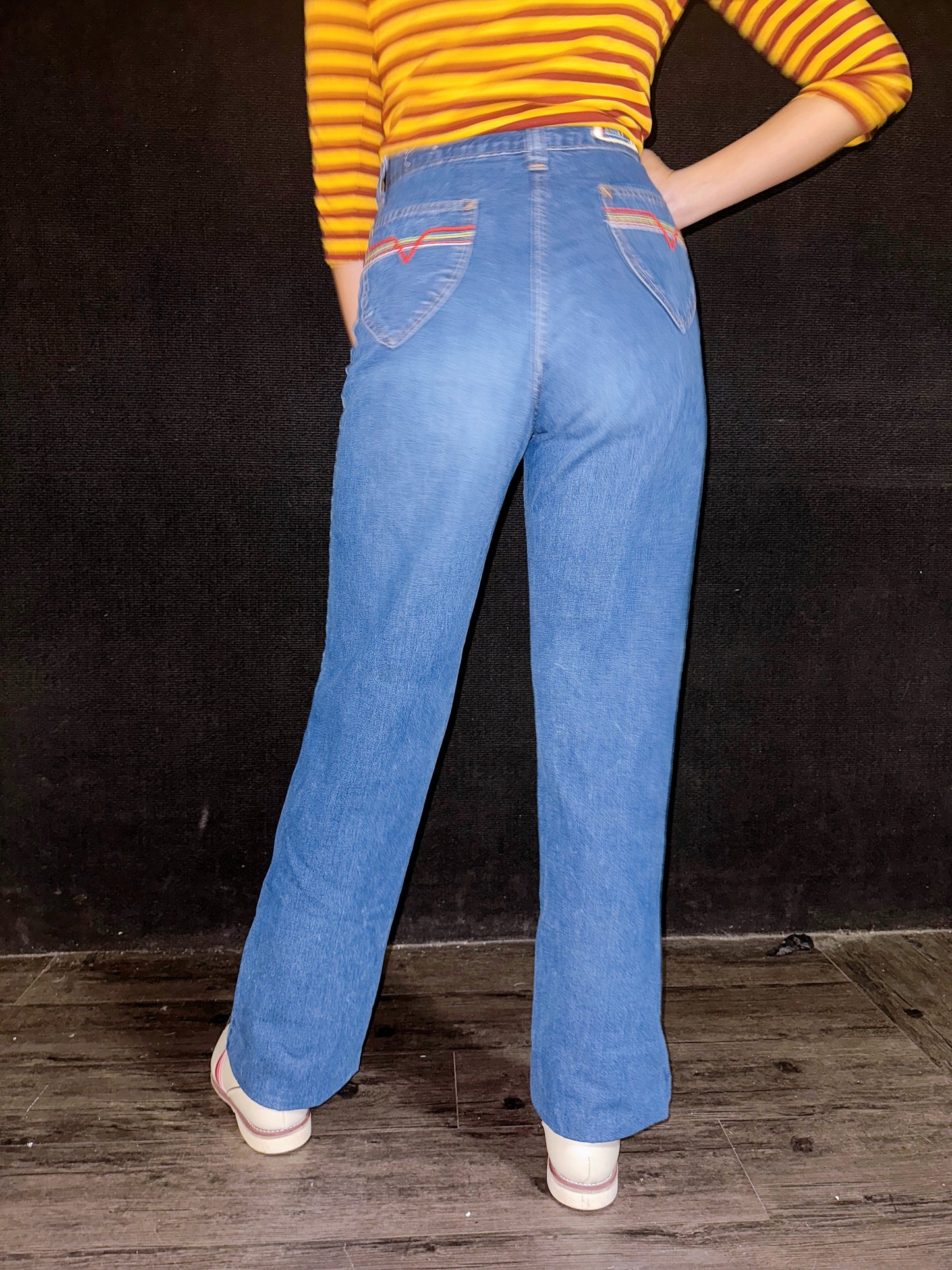 1970s Colorful Contrast Stitch Denim Jeans by Live Ins