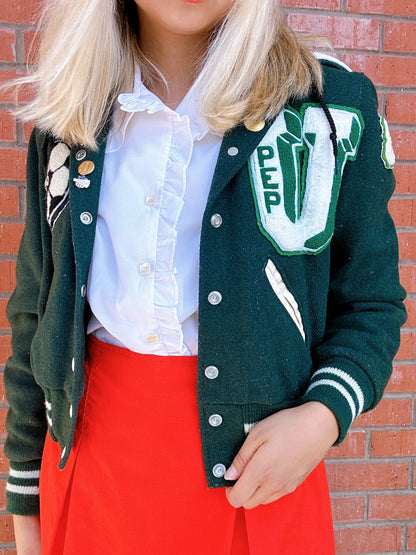 1980s Cheerleader Upland High School Green and White Varsity Jacket