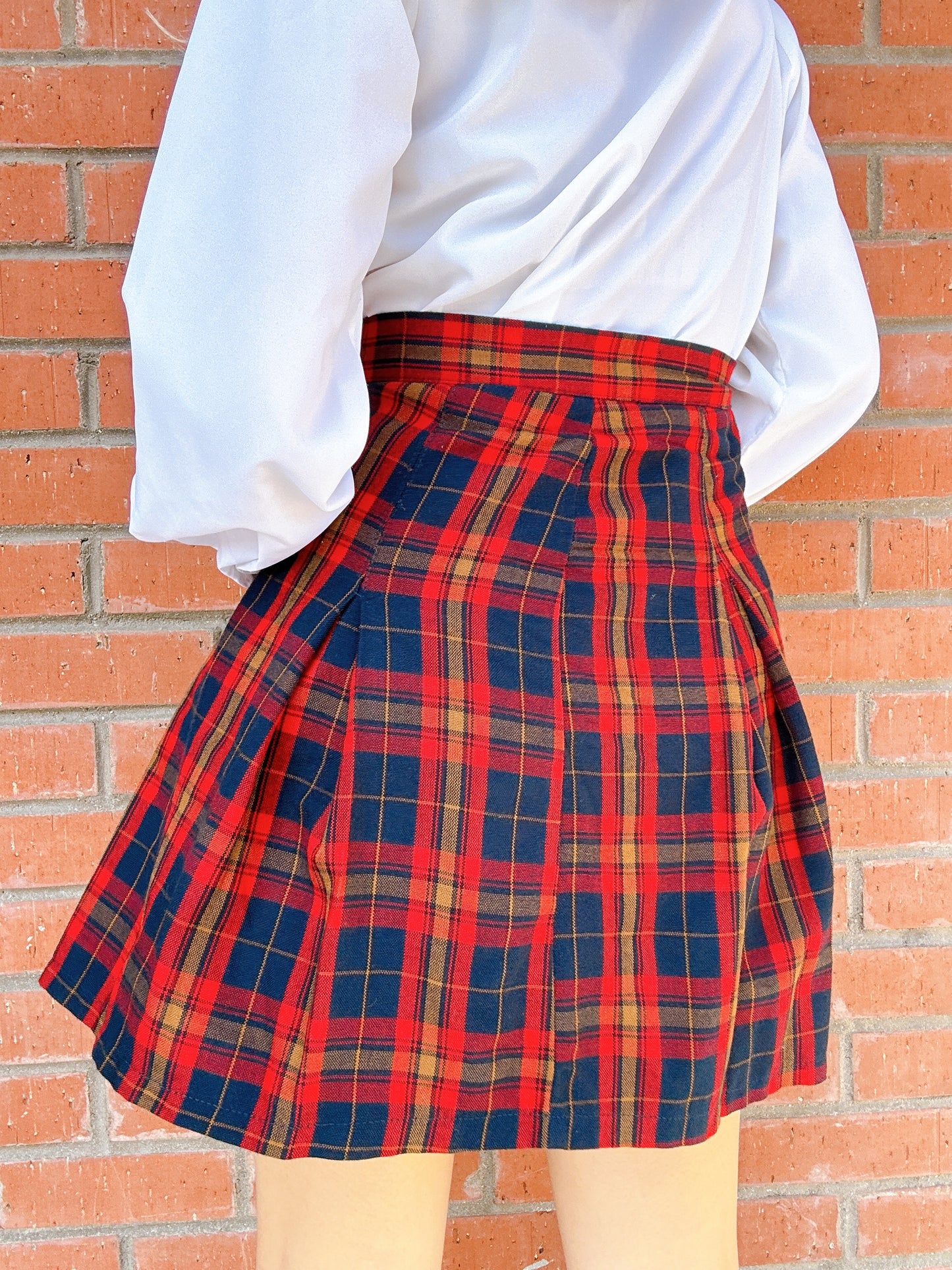 1980s Red & Navy Pleated Plaid Skirt