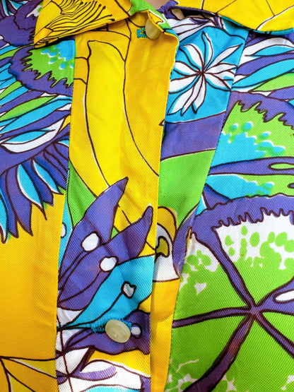 1960s Psychedelic Blue & Yellow Floral Scallop Hem Top