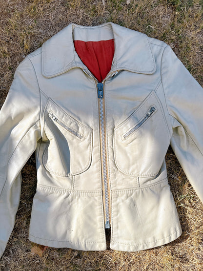 1970s Cream Petite Leather Jacket Acme Zipper