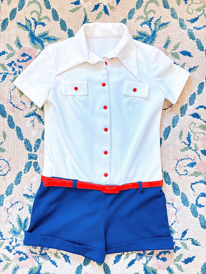 1970s Dagger Collar Navy / White / Red Hot Pants Mini Romper