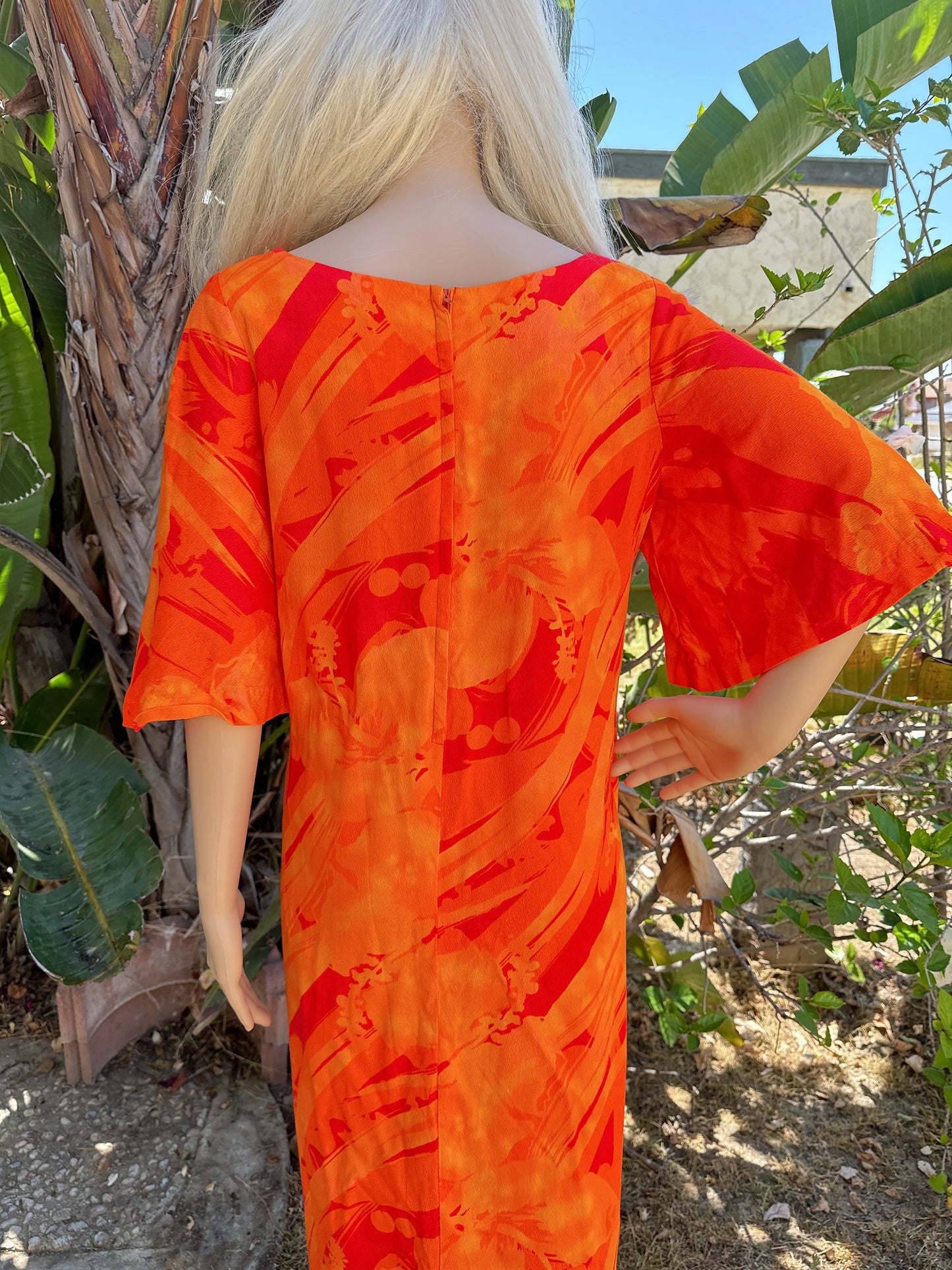 1970s Orange Acid Flutter Sleeve Hawaiian Maxi Dress