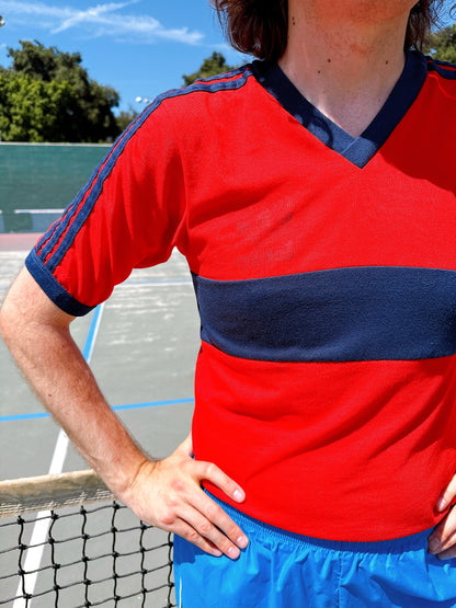 1980s Adidas Red & Navy V-Neck T-Shirt