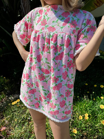 1960s Pink Floral Babydoll Towel Terry Mini Dress