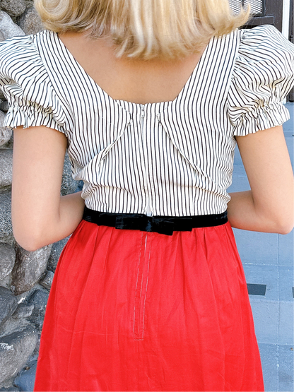 1960s does Edwardian Red, Black, & White Pinstripe Maxi Dress