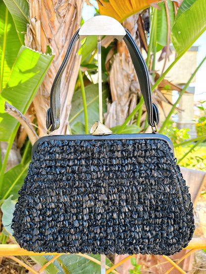 1960s Black Raffia Straw and Leather Purse