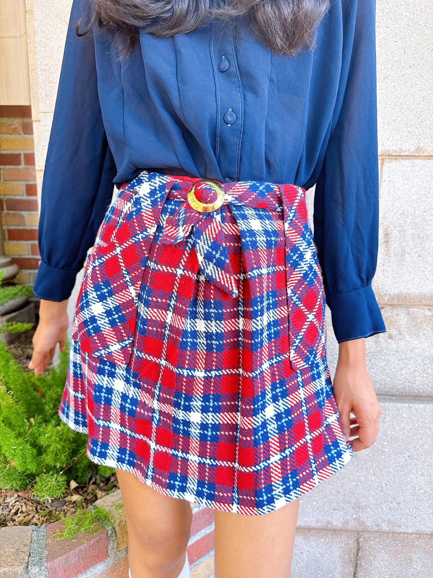 1970s Red & Blue Plaid Mini Skirt with Gold Buckle