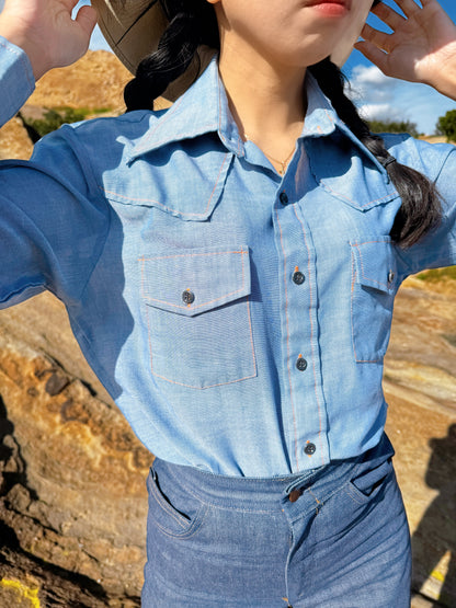 1970s Hiker & Cactus Embroidered Chambray Button Up Top