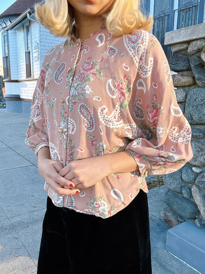 1970s Peach Paisley Dolman Sleeve Mandarin Collar Top