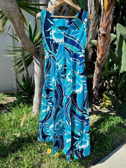 1960s Blue Psychedelic Floral Hawaiian Maxi Dress