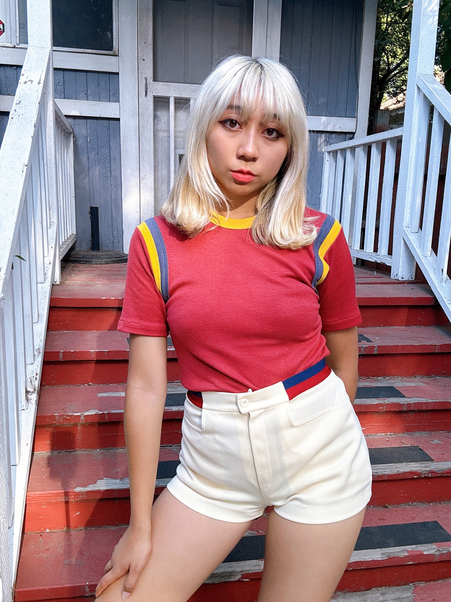 1970s White, Navy, & Red Polyester Mini Tennis Shorts