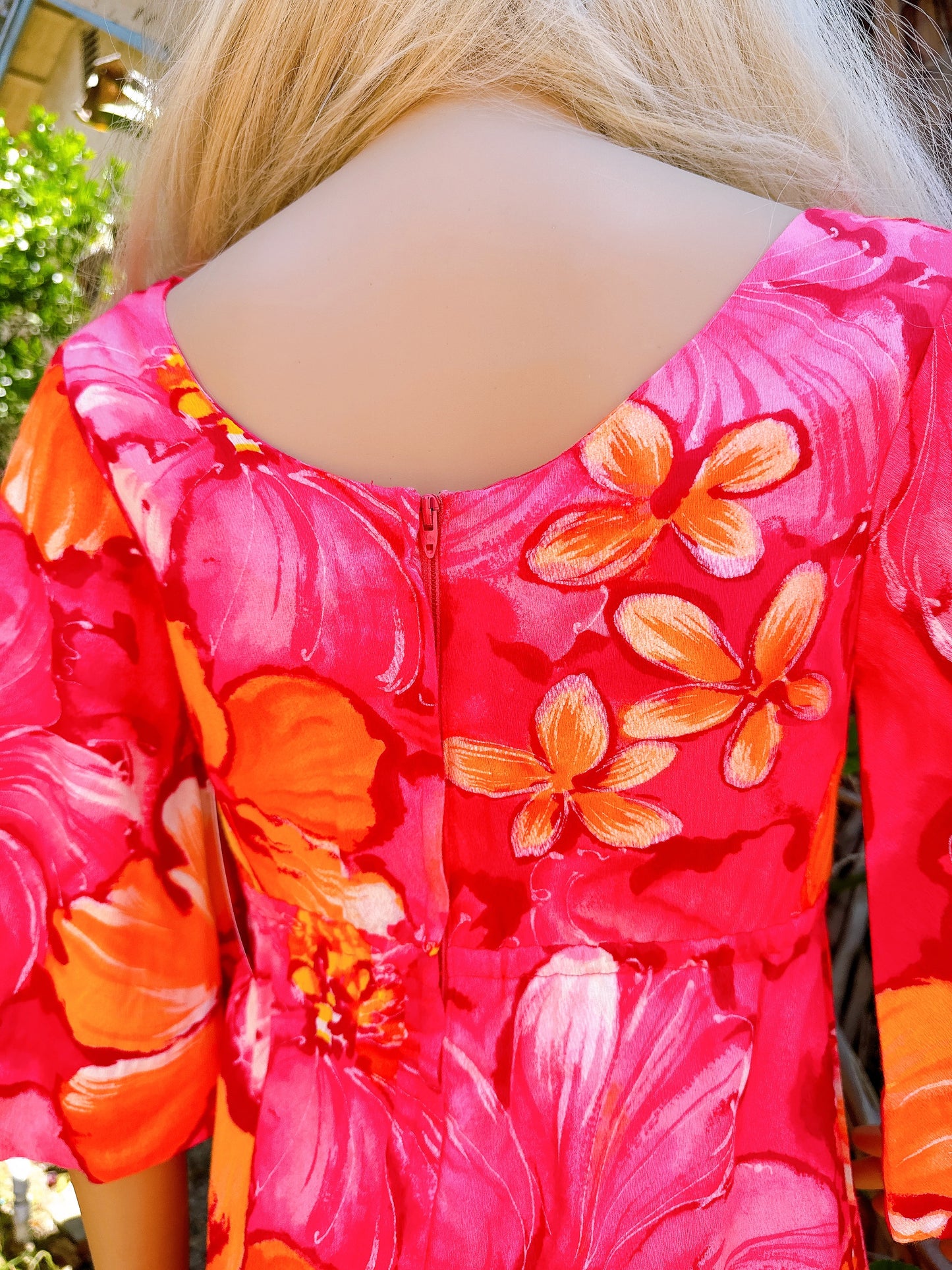 1970s Hot Pink Hibiscus Flutter Sleeve Hawaiian Maxi Dress