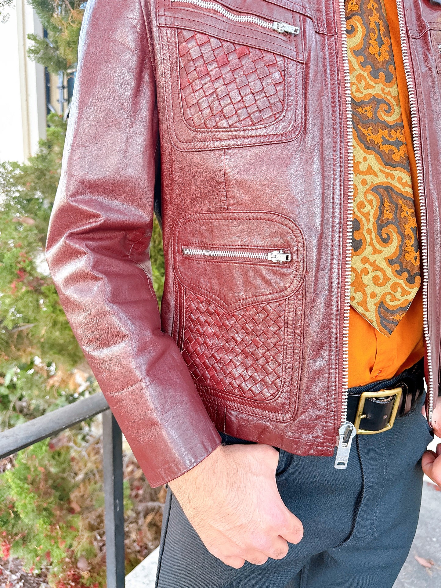 1970s Burgundy Basket Weave Pockets and Metal Zipper Leather Jacket