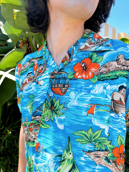 1960s Hawaiian Island Sleeve Water Rayon Hawaiian Shirt