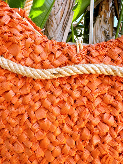 1960s Orange Raffia and Rope Handles Insulated Tote Bag