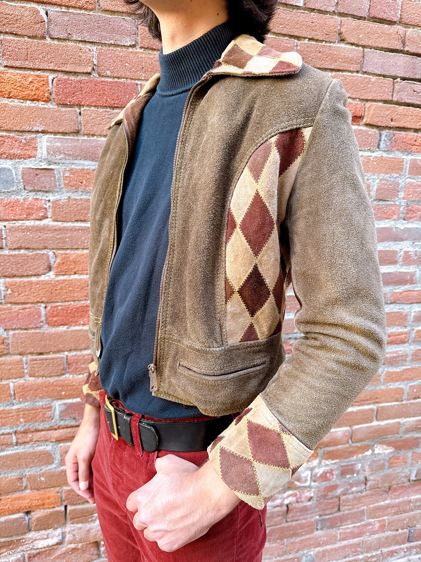 1960s RARE Brown Harlequin Diamonds Cropped Suede Jacket