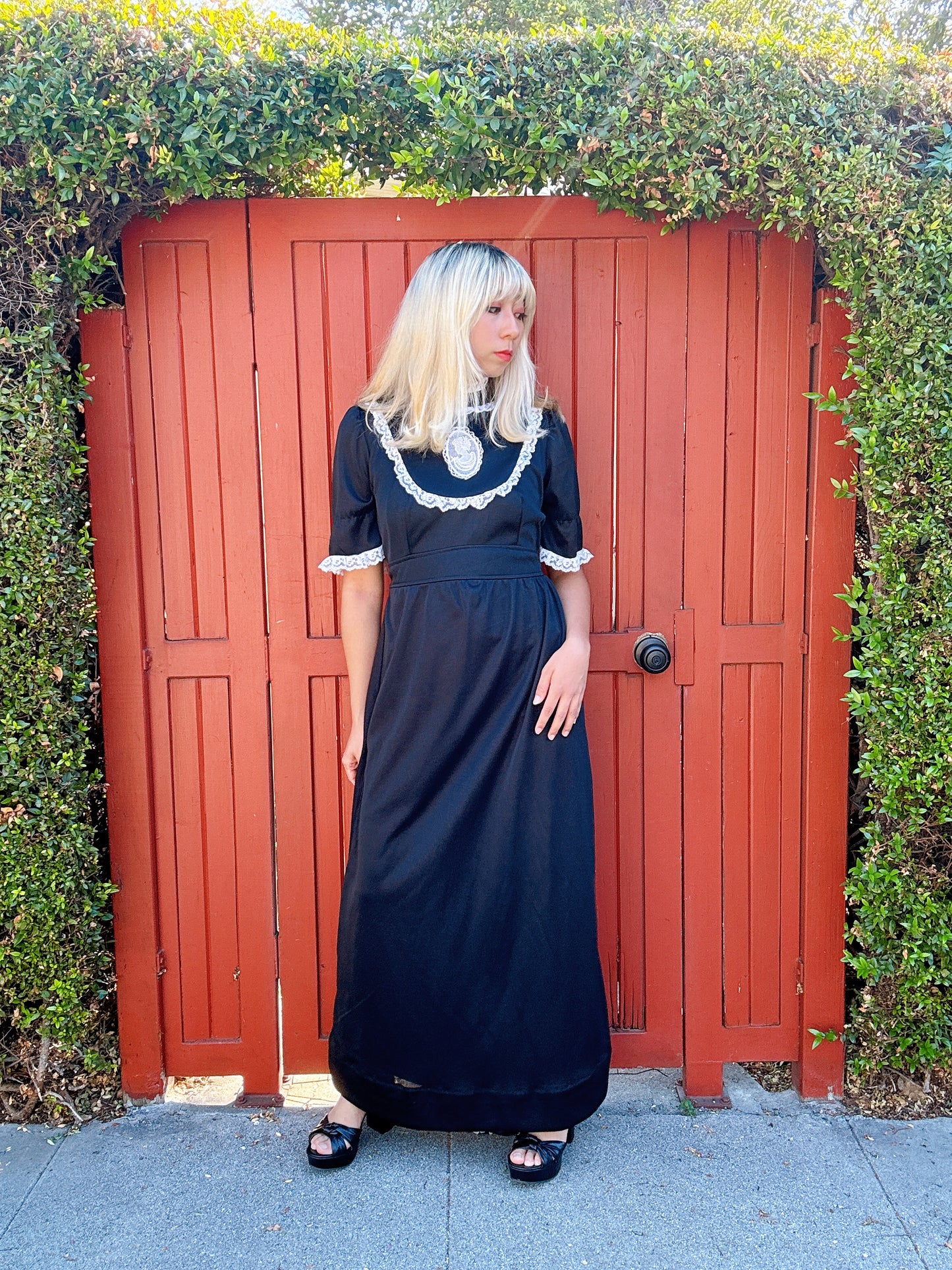 1970s does Victorian Black & White Lace Cameo Maxi Dress with Bustle