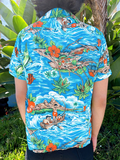 1960s Hawaiian Island Sleeve Water Rayon Hawaiian Shirt