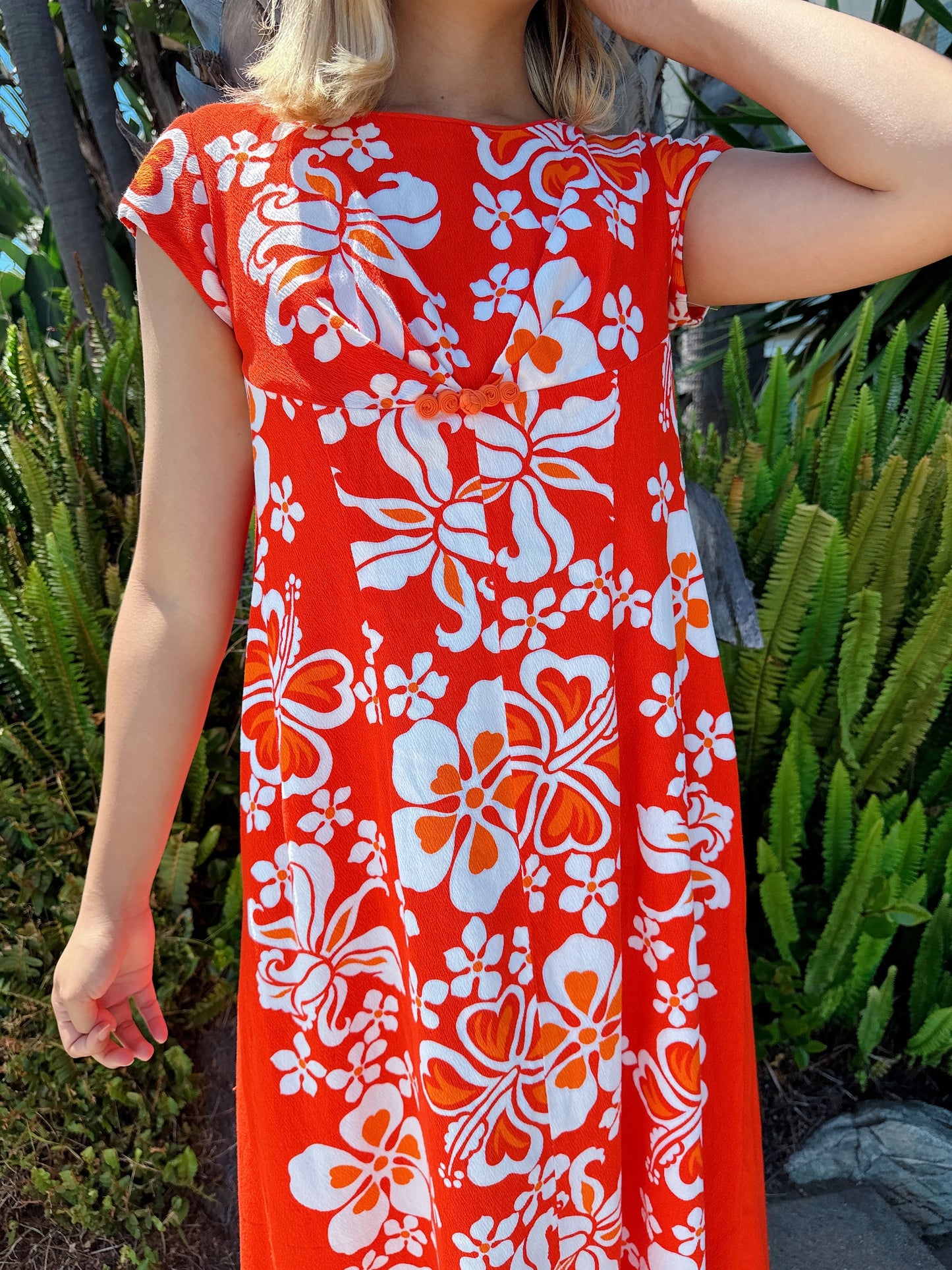 1960s Orange Hibiscus Hawaiian Maxi Dress