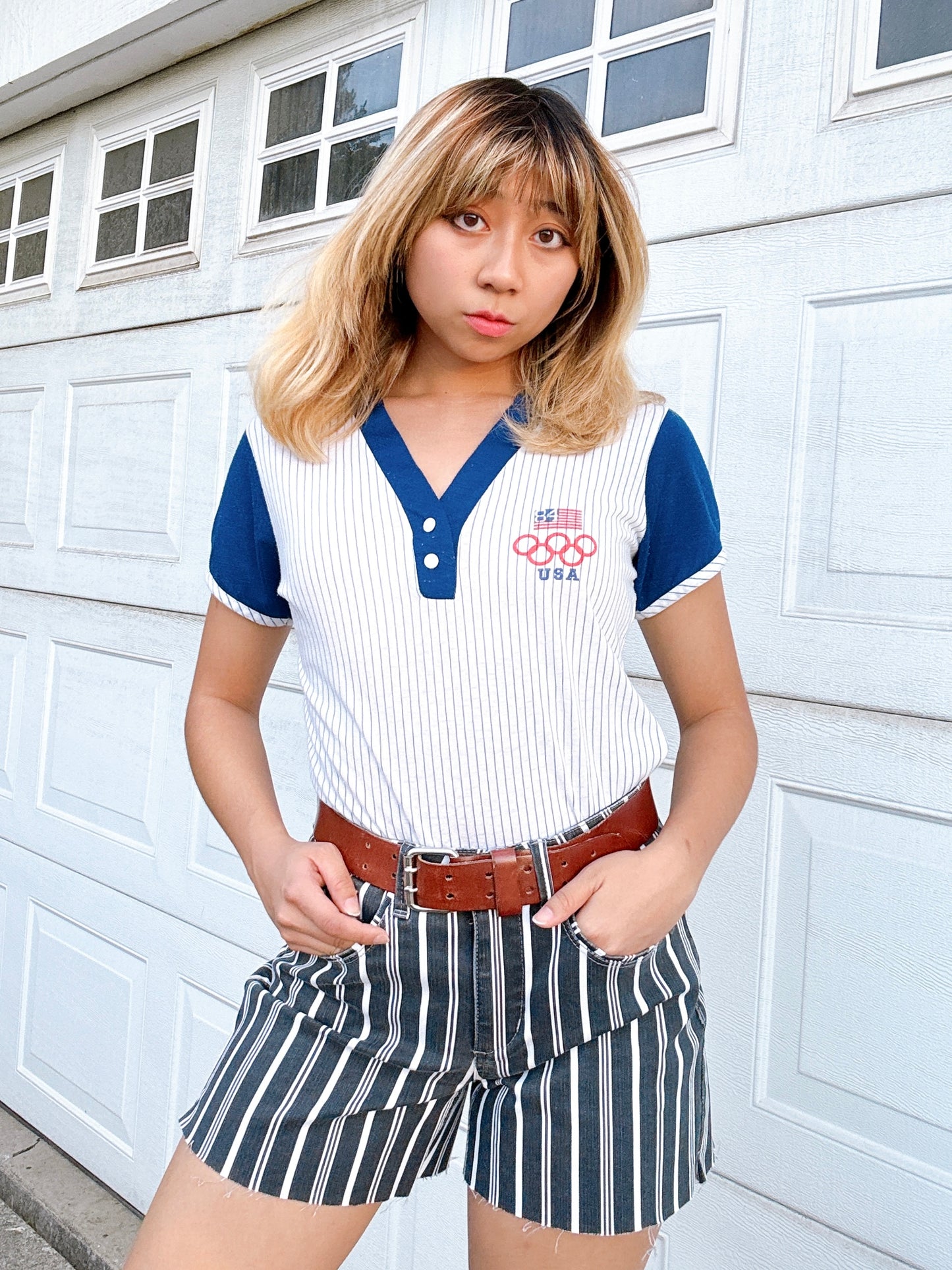 1980s Olympics 1984 USA Short Sleeve V-Neck Baseball Tee