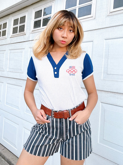 1980s Olympics 1984 USA Short Sleeve V-Neck Baseball Tee