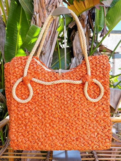 1960s Orange Raffia and Rope Handles Insulated Tote Bag