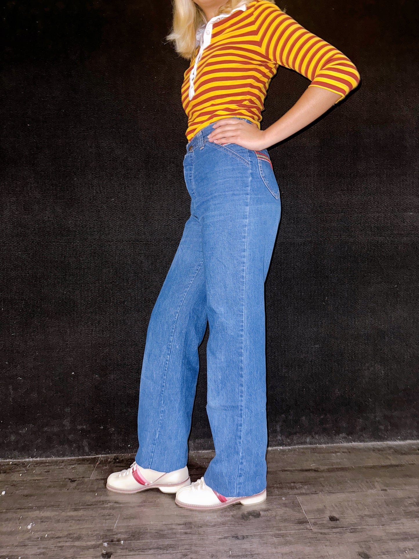 1970s Colorful Contrast Stitch Denim Jeans by Live Ins