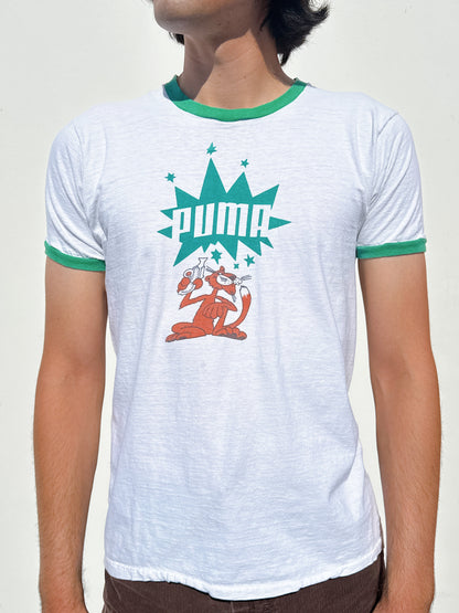 1970s 1980s Puma Panther Pistol White & Green Ringer T-Shirt