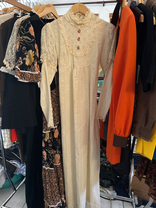 1970s White Lace Victorian Style Maxi Dress