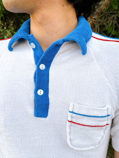 1970s White, Blue, & Red Terry Cloth Polo Shirt