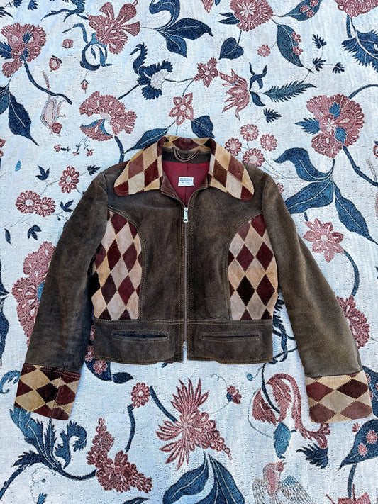 1960s RARE Brown Harlequin Diamonds Cropped Suede Jacket