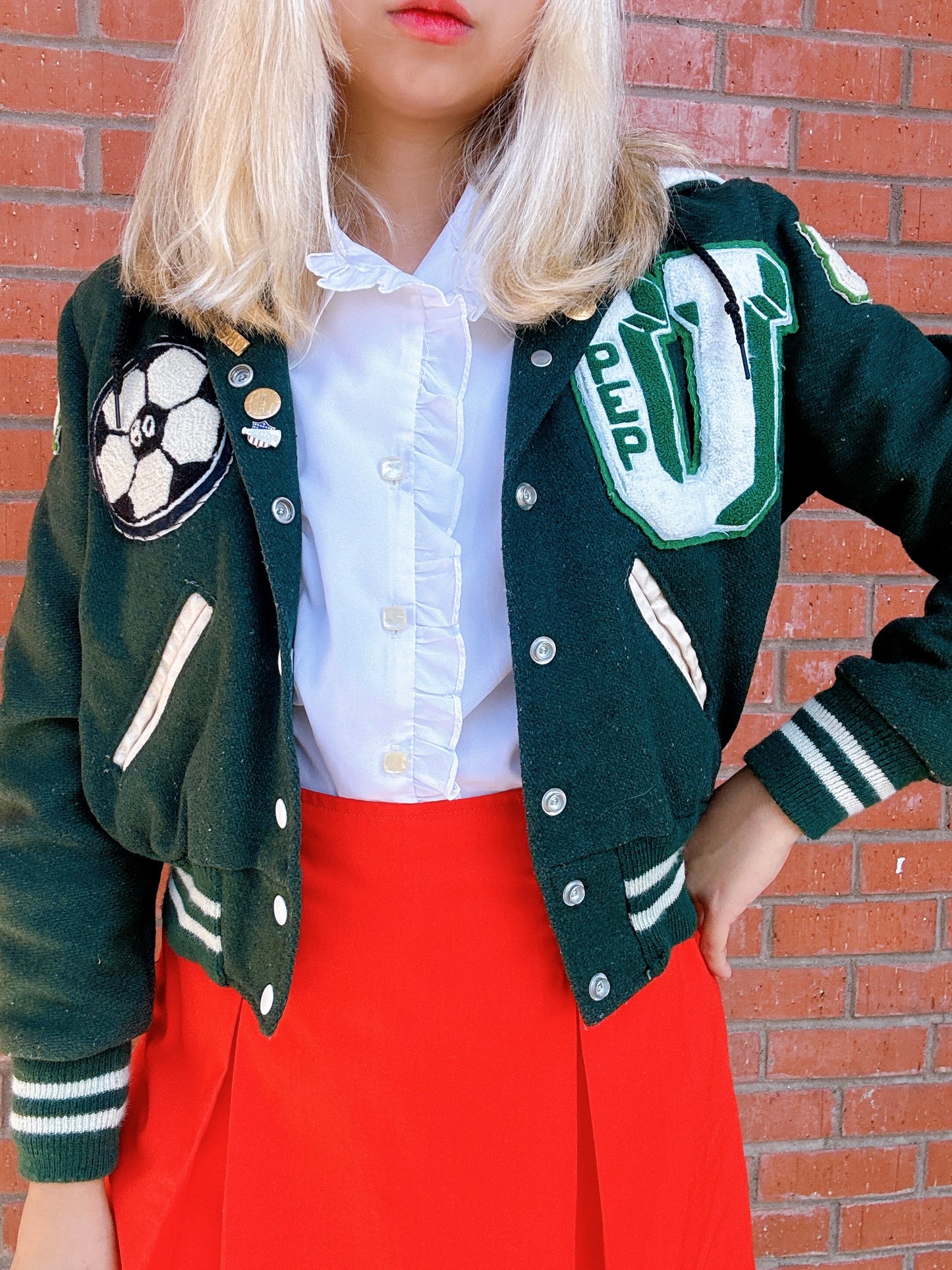 1980s Cheerleader Upland High School Green and White Varsity Jacket