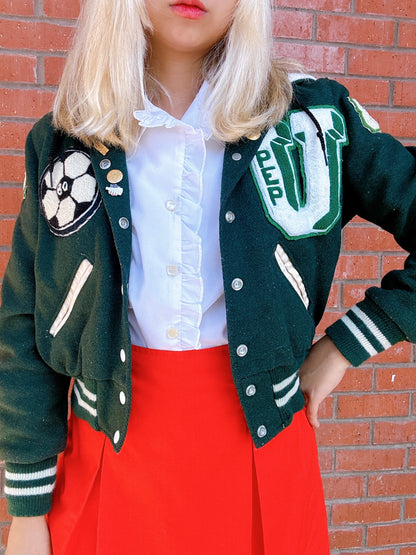 1980s Cheerleader Upland High School Green and White Varsity Jacket