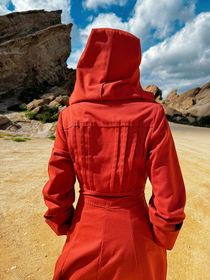 1970s Brick Red Trench Coat with Detachable Hood