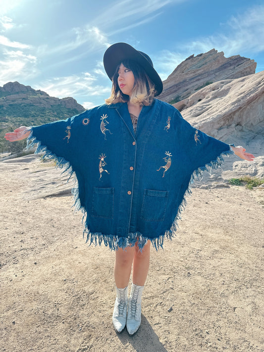 1990s Novelty Ethnic Denim Fringe Cape Jacket