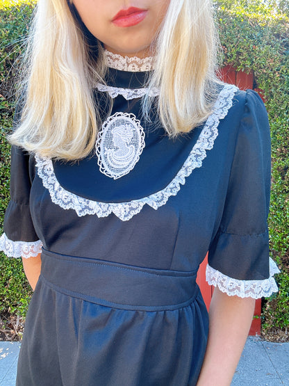 1970s does Victorian Black & White Lace Cameo Maxi Dress with Bustle