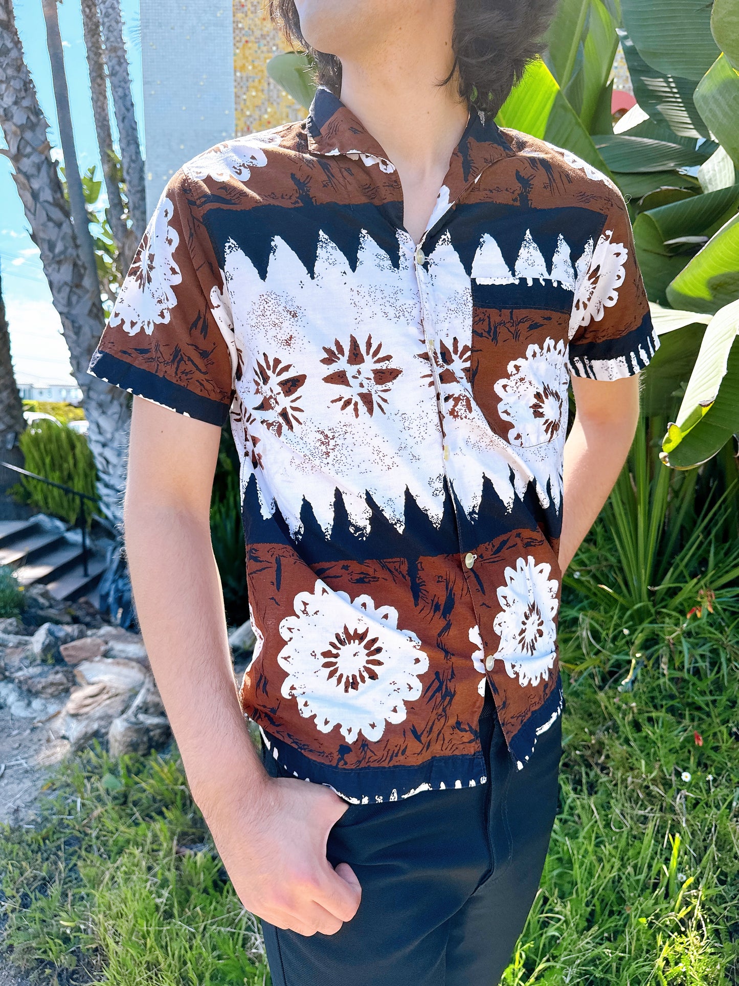 1960s Brown, Black, & White Hawaiian Shirt