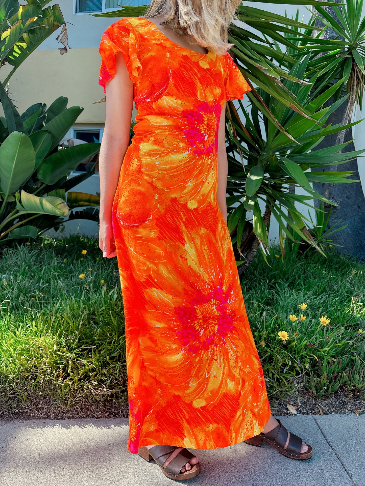 1970s Tangerine Psychedelic Flutter Sleeve Hawaiian Maxi Dress